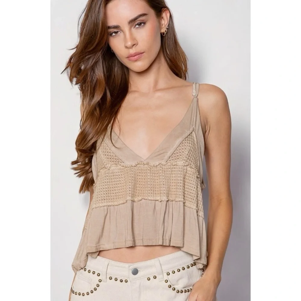 POL Light Tan Waffle Knit Babydoll Tank Top